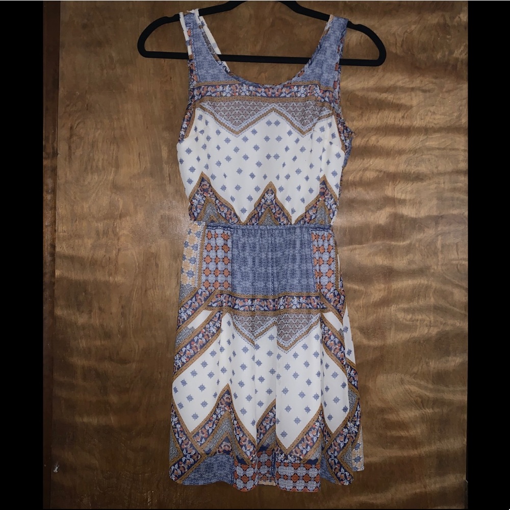 Black, blue, brown, and white mini dress.